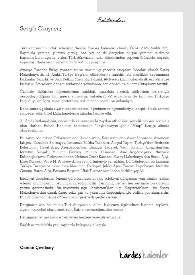 Kardeş Kalemler 229. Sayı Ocak 2026